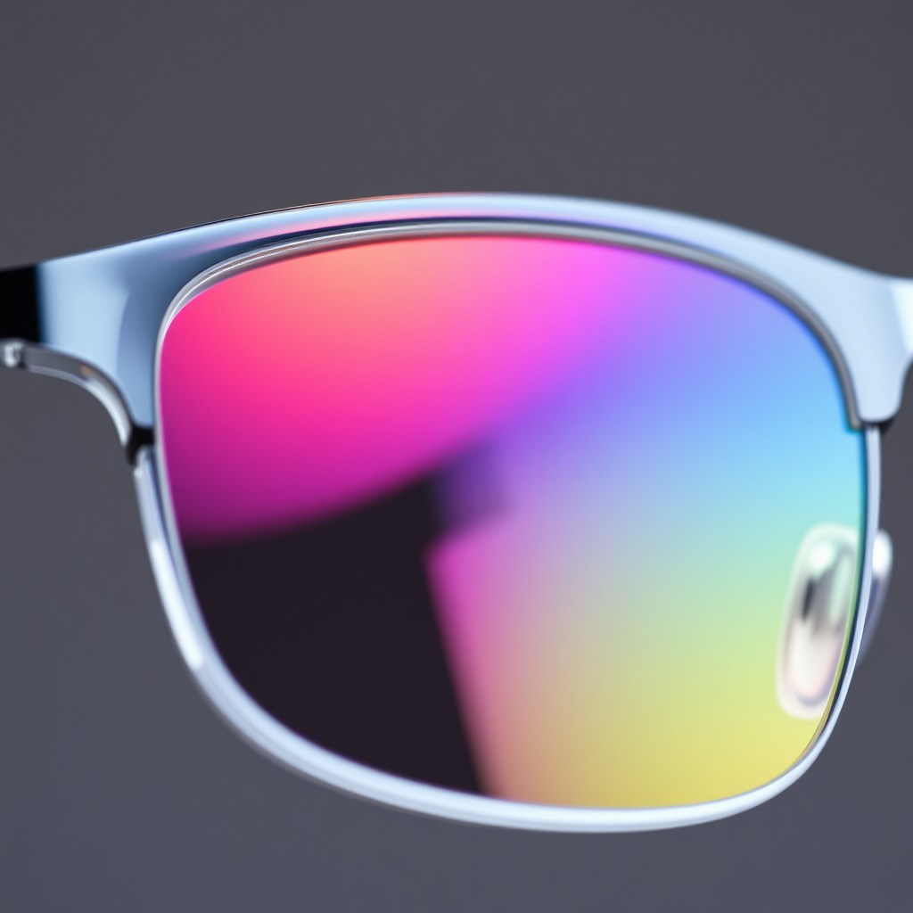 A macro shot showcasing the clarity and advanced features of a premium eyeglass lens. The image should highlight the lens's protective coatings and clarity, demonstrating its superior quality. Style: product detail photography.