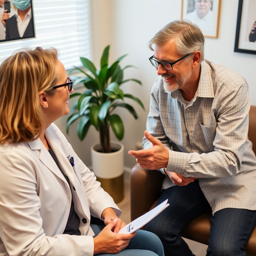 Image showing an optometrist consulting with a patient, discussing their vision needs and lifestyle. The scene emphasizes a personalized and caring approach. Style: lifestyle photography with a focus on healthcare.